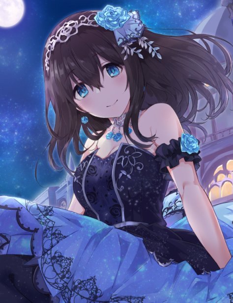 1girl, arm_garter, bangs, bare_shoulders, black_dress, black_hair, blue_eyes, blue_flower