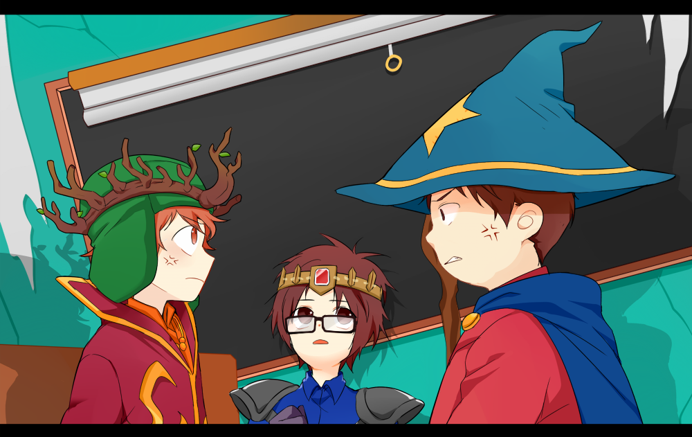 3boys, brown_eyes, brown_hair, cape, douchebag_(south_park), eric_cartman, fur_hat, glasses