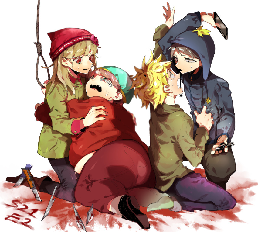 1girl, 3boys, black_hair, blonde_hair, blood, blue_eyes, brown_hair, coat