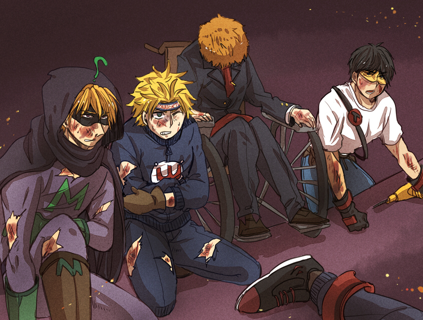 5boys, blonde_hair, blood, blue_eyes, cape, dark_skin, formal, gloves