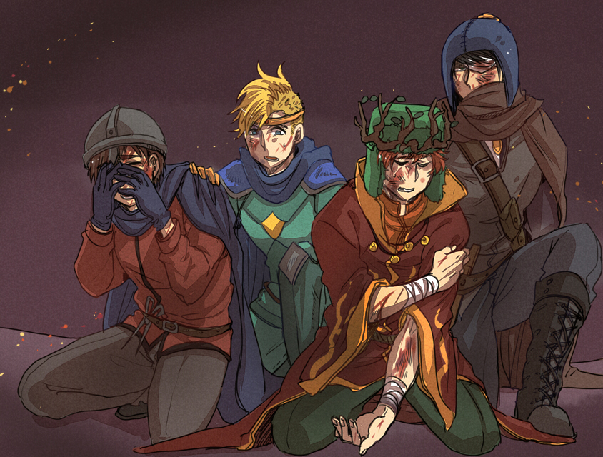 4boys, black_hair, blonde_hair, blood, boots, brown_hair, cape, closed_eyes