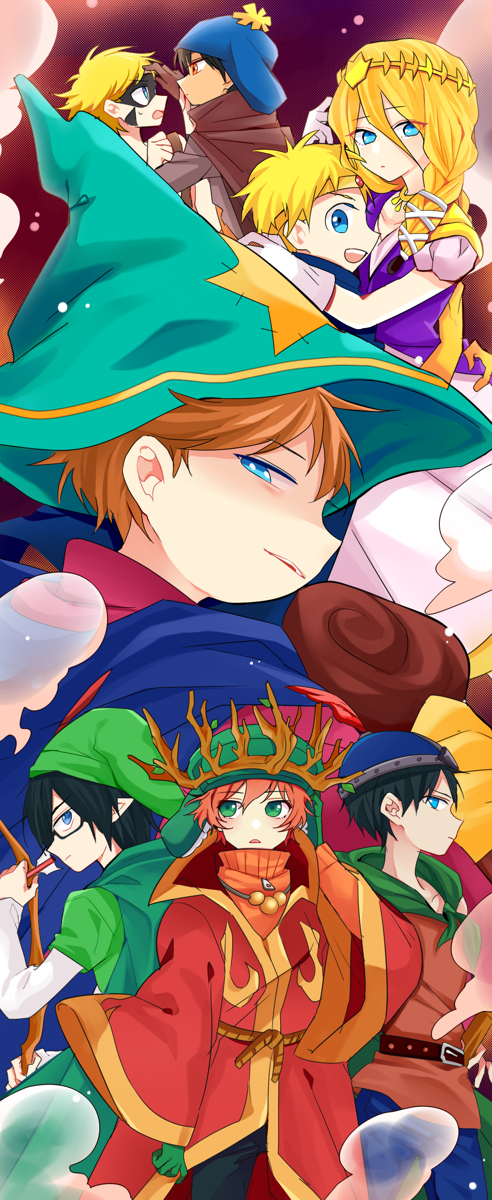 6+boys, absurdres, beanie, black_hair, blonde_hair, blue_eyes, brown_hair, cape