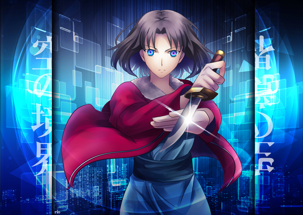 1girl, blue_eyes, blue_kimono, brown_hair, copyright_name, floating_hair, holding, holding_knife