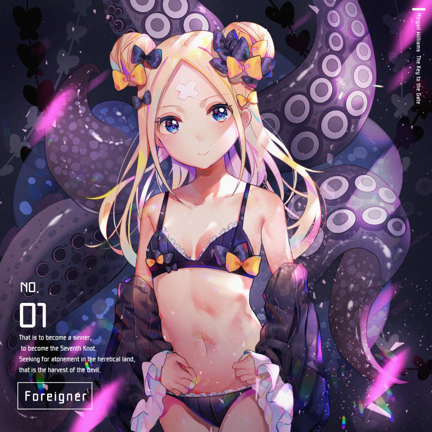 1girl, abigail_williams_(fate/grand_order), absurdres, bare_shoulders, bikini, black_bikini, black_bow, black_dress