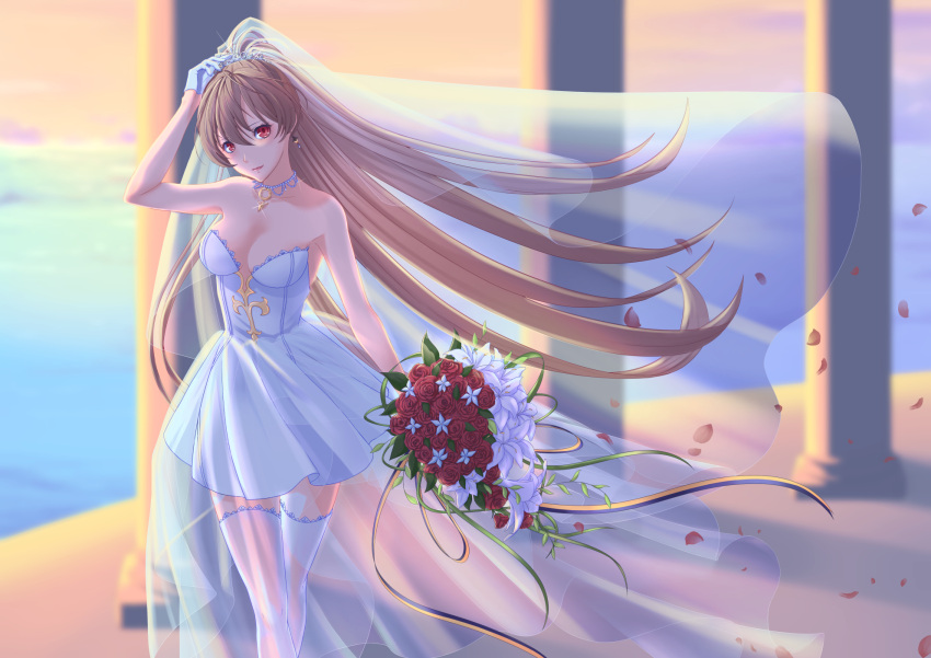 1girl, adjusting_headwear, azur_lane, blue_ribbon, breasts, bridal_veil, brown_hair, choker