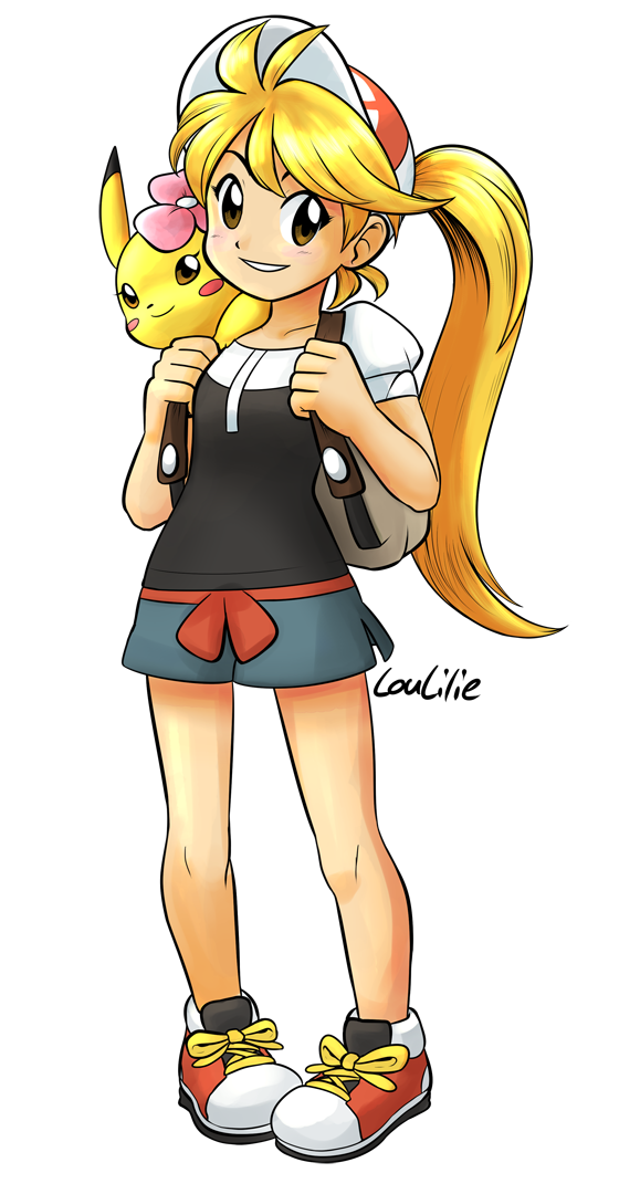 1girl, ayumi_(pokemon), ayumi_(pokemon)_(cosplay), backpack, bag, blonde_hair, blue_shorts, blush, brown_eyes, chuchu_(pokemon), collarbone, commentary, cosplay, creatures_(company), deviantart_username, english_commentary, flat_chest, flower, full_body, game_freak, gen_1_pokemon, hair_flower, hair_ornament, happy, long_hair, looking_at_viewer, loulilie, nintendo, pikachu, pokemon, pokemon_(game), pokemon_lgpe, pokemon_on_shoulder, pokemon_special, shoelaces, shoes, short_shorts, short_sleeves, shorts, signature, smile, solo, transparent_background, very_long_hair, yellow_(pokemon)