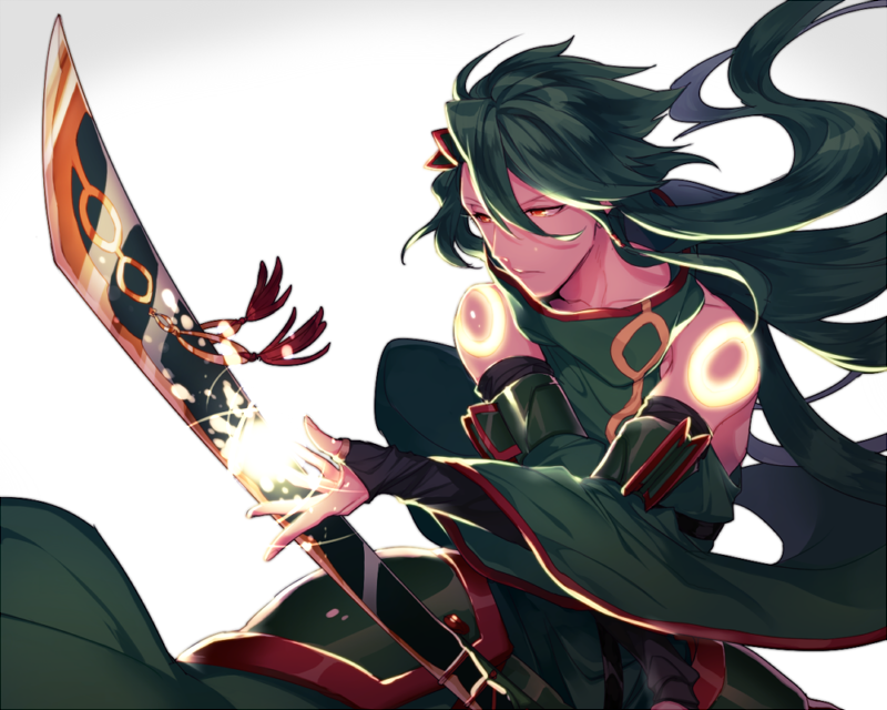 1boy, black_hair, creatures_(company), detached_sleeves, game_freak, gen_3_pokemon, hair_between_eyes, holding, holding_sword, holding_weapon, long_hair, looking_to_the_side, male_focus, nintendo, personification, pokemon, rayquaza, red_eyes, solo, standing, sword, very_long_hair, weapon, white_background, wide_sleeves, zazaki