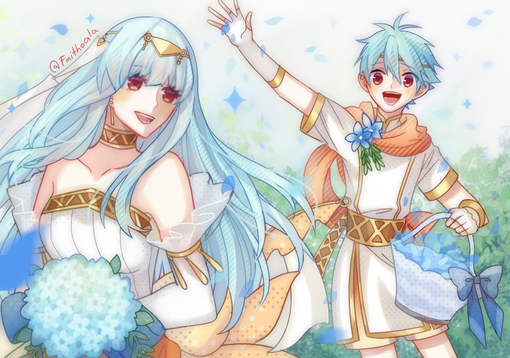 1boy, 1girl, aqua_hair, bare_shoulders, blue_hair, bouquet, bridal_veil, bride, cape, circlet, dress, elbow_gloves, faithoala, fire_emblem, fire_emblem:_rekka_no_ken, fire_emblem_heroes, flower, gloves, hair_ornament, jewelry, long_hair, mamkute, necklace, nils, ninian, nintendo, open_mouth, red_eyes, scarf, short_hair, simple_background, smile, strapless, strapless_dress, tiara, veil, wedding, wedding_dress, white_dress