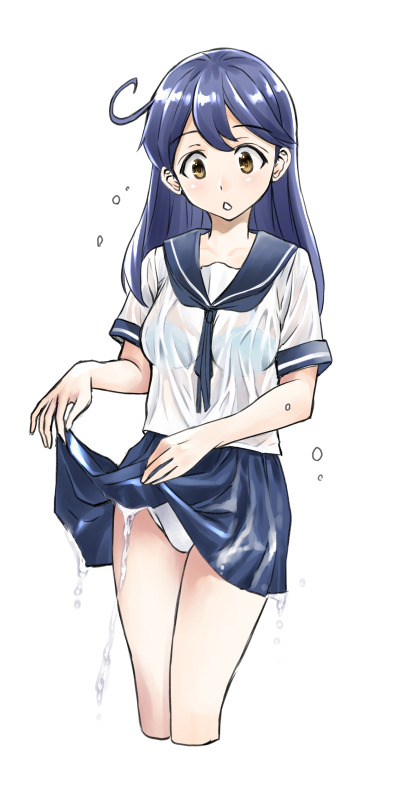 1girl, akito_(pixiv3623507), antenna_hair, black_hair, blue_bra, blue_sailor_collar, bra, bralines