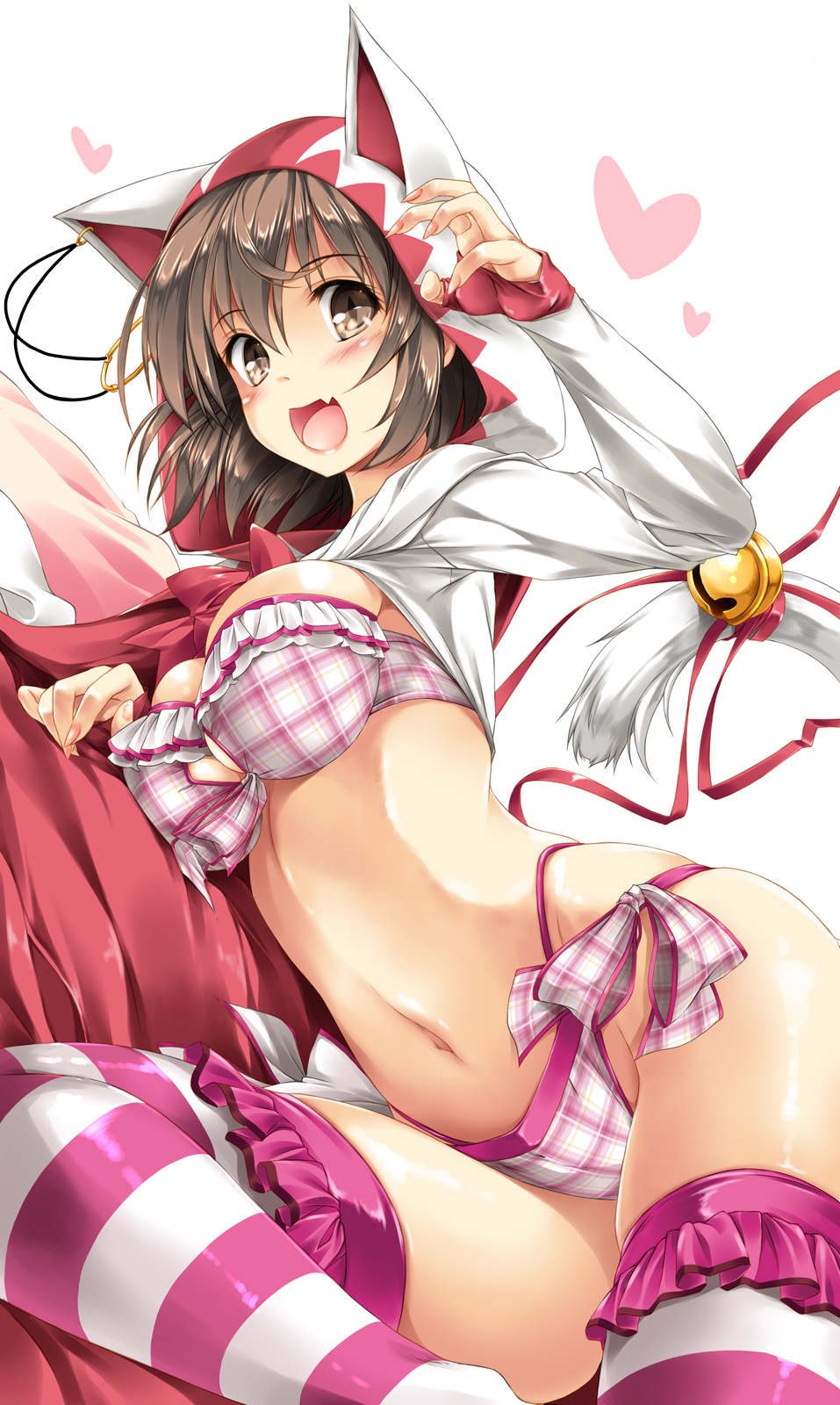 1girl, :d, animal_hood, bangs, bell, blush, bra, breasts
