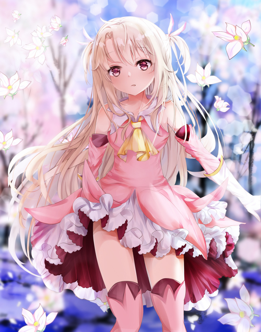1girl, ascot, bangs, bare_shoulders, blurry, blurry_background, blush, boots