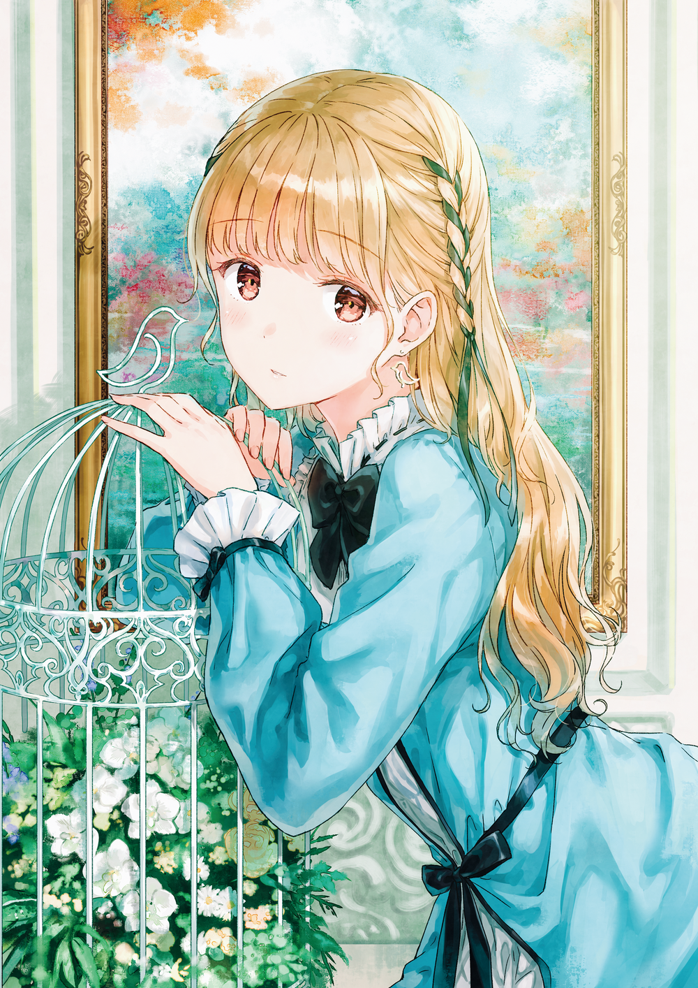 1girl, aqua_jacket, bangs, bird_earrings, birdcage, black_neckwear, black_ribbon, blonde_hair, blush, bow, bowtie, braid, brown_eyes, cage, commentary_request, flower, frilled_shirt_collar, frilled_sleeves, frills, green_ribbon, hair_ribbon, highres, hiten_(hitenkei), jacket, long_hair, long_sleeves, looking_at_viewer, original, painting_(object), picture_frame, ribbon, ribbon-trimmed_collar, ribbon_trim, side_braid, solo, upper_body, white_flower