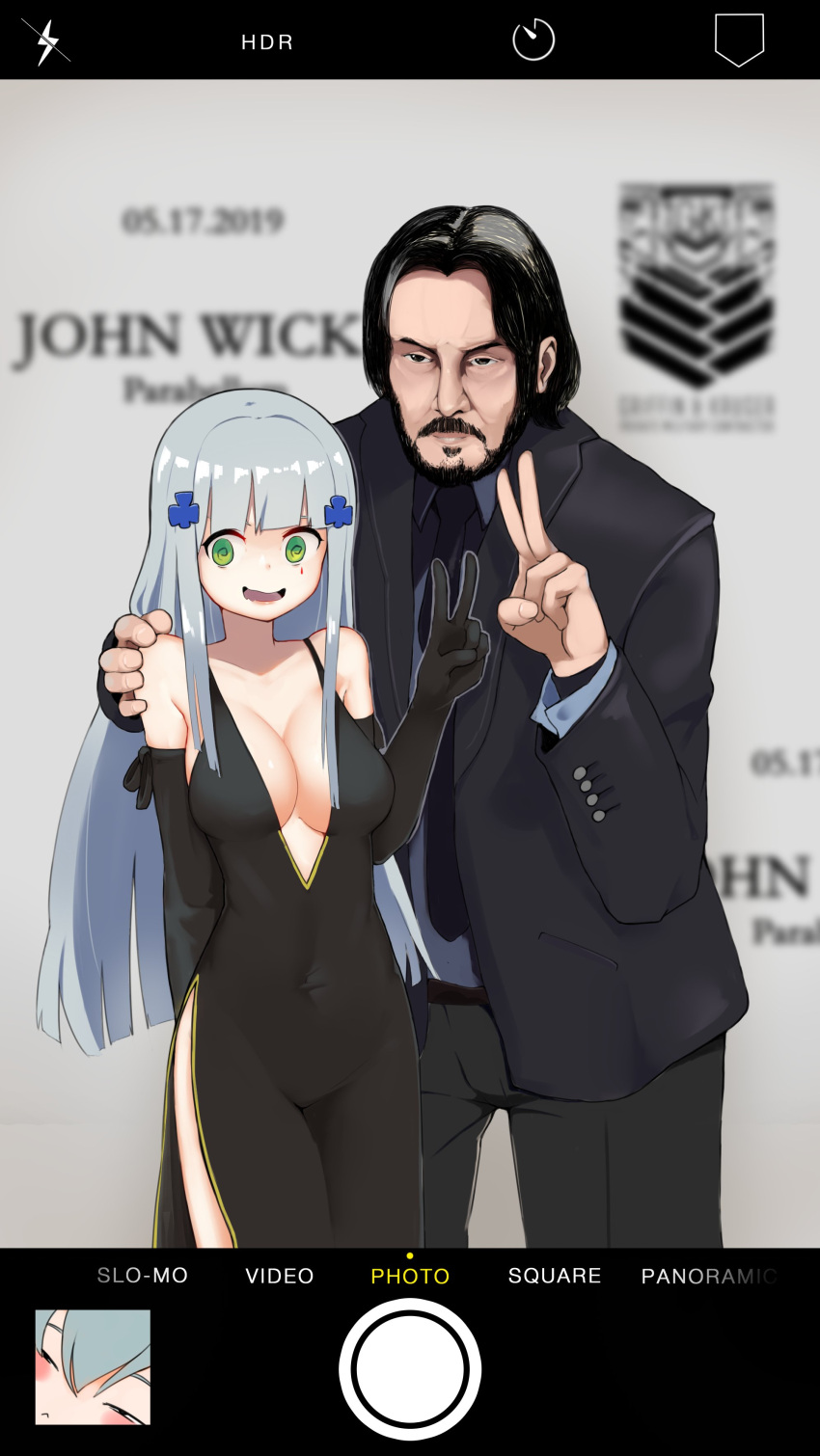 1boy, 1girl, absurdres, beard, black_dress, black_hair, blue_hair, breasts