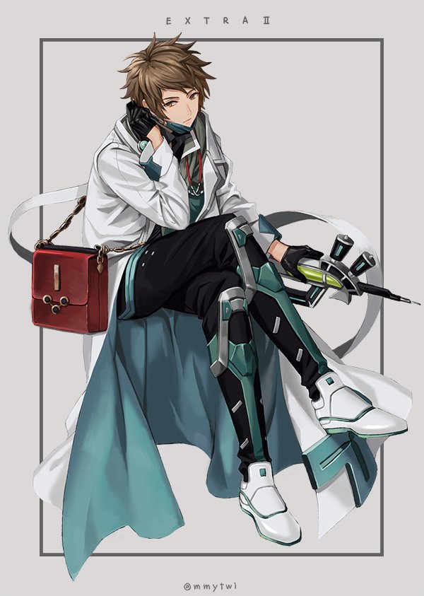 1boy, brown_eyes, brown_hair, coat, collared_shirt, doctor_(granblue_fantasy), frown, gran_(granblue_fantasy), granblue_fantasy, labcoat, legs_crossed, male_focus, mmytwi, shirt, short_hair, sitting, solo