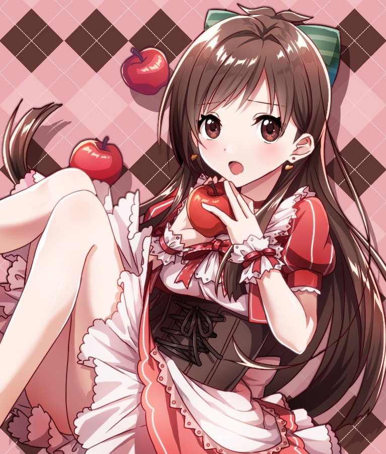 1girl, apple, argyle, argyle_background, blush, bow, brown_eyes, brown_hair
