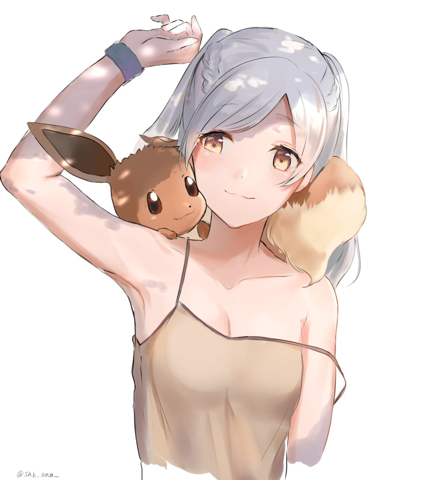 1girl, 1other, bare_shoulders, blush, breasts, brown_eyes, creatures_(company), eevee, female_my_unit_(fire_emblem:_kakusei), fire_emblem, fire_emblem:_kakusei, game_freak, gen_1_pokemon, gloves, highres, intelligent_systems, long_hair, my_unit_(fire_emblem:_kakusei), nintendo, pokemon, pokemon_(creature), pokemon_(game), pokemon_lgpe, silver_hair, simple_background, small_breasts, smile, snk_anm, solo, super_smash_bros., twintails, white_background