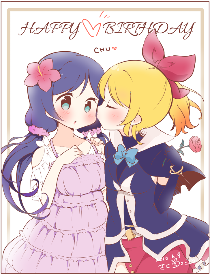 2016, 2girls, ayase_eli, blonde_hair, blue_eyes, blush, bow, bowtie, capelet, cheek_kiss, closed_eyes, dated, dress, elbow_gloves, flower, frills, gloves, hair_bow, happy_birthday, hibiscus, holding, holding_flower, kiss, long_hair, love_live!, love_live!_school_idol_project, multiple_girls, pink_scrunchie, ponytail, prince, purple_hair, rose, saku_usako_(rabbit), scrunchie, see-through_sleeves, signature, toujou_nozomi, twintails, yuri