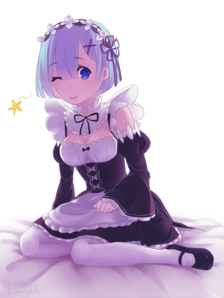 1girl, bangs, blue_eyes, blue_hair, blush, breasts, cleavage, detached_sleeves