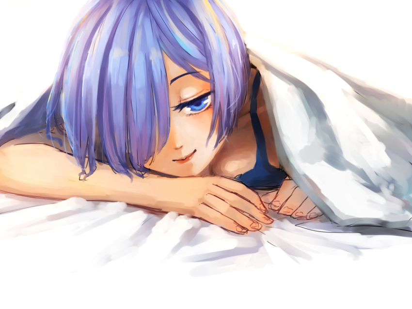 1girl, bangs, bare_shoulders, bed, bed_sheet, blanket, blue_eyes, blue_hair