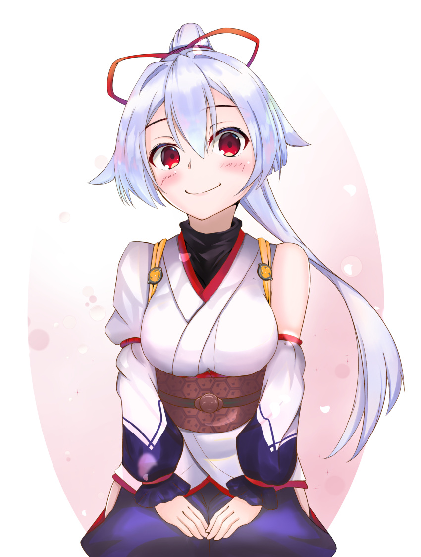 1girl, absurdres, black_undershirt, blue_hakama, blush, commentary_request, detached_sleeves, eason870408