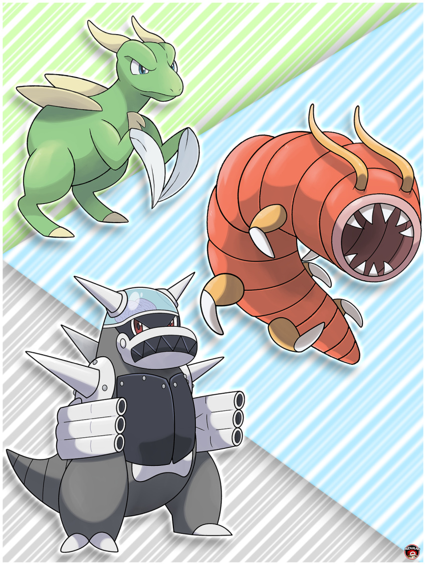 alexalan, beta_gyarados, beta_pokemon, beta_scyther, blue_eyes, capsule_monsters, creatures_(company), game_freak, gen_1_pokemon, gyarados, highres, nintendo, no_humans, omega_(pokemon), pokemon, scyther, sugimori_ken_(style)