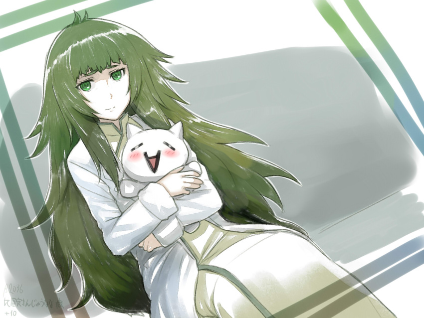 1girl, 2ch, blush, green_eyes, green_hair, highres, hiyajou_maho, labcoat
