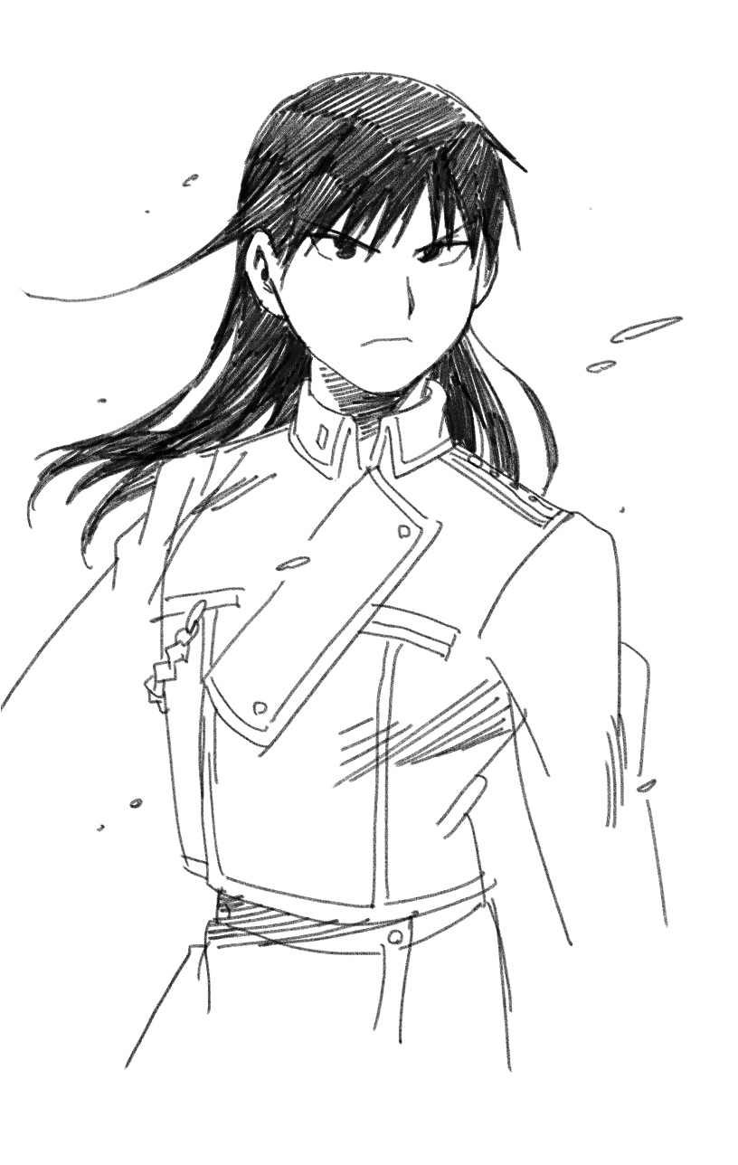 1girl, amestris_military_uniform, black_eyes, black_hair, blackfoxes, eyebrows_visible_through_hair, floating_hair, frown