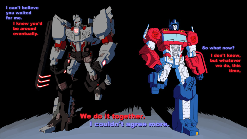 2boys, arm_cannon, autobot, blue_eyes, cannon, comic, commentary, english_commentary