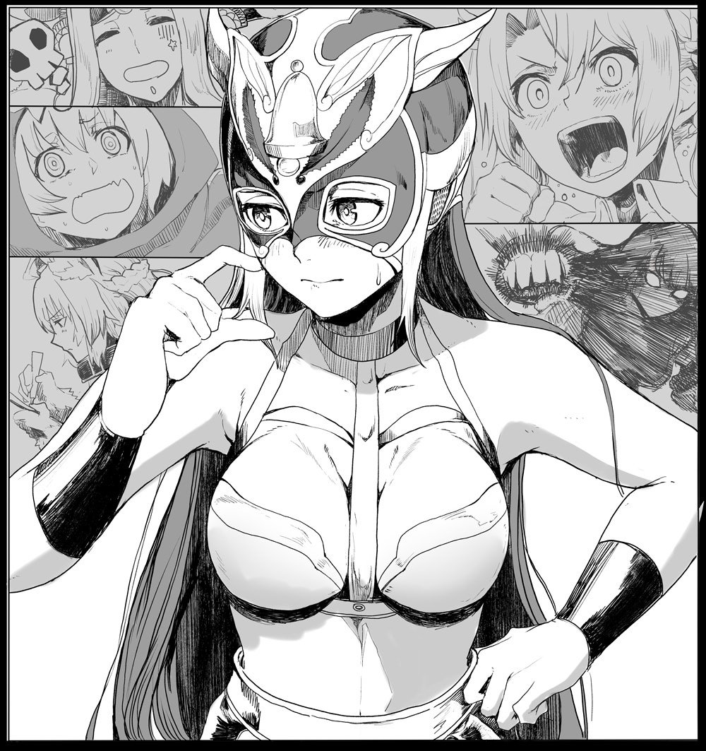5girls, armlet, atalanta_(alter)_(fate), atalanta_(fate), bare_shoulders, blush, bradamante_(fate/grand_order), breasts, choker, collarbone, fang, fate/grand_order, fate_(series), hand_on_hip, jaguarman_(fate/grand_order), luchador_mask, midriff, monochrome, multiple_girls, open_mouth, punching, quetzalcoatl_(fate/grand_order), saint_martha, saint_martha_(swimsuit_ruler)_(fate), skull, sweatdrop, syatey, wavy_mouth