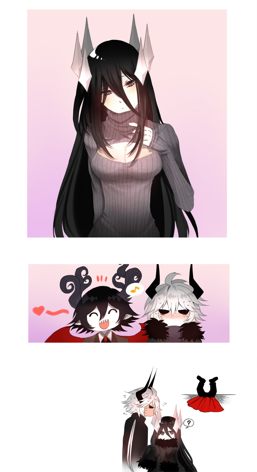 /\/\/\, 1girl, 2boys, 3koma, :/, :d, ?, ^_^, ahoge, arukiyuusei, black_eyes, black_hair, blush, breasts, character_request, cleavage, cleavage_cutout, closed_eyes, closed_mouth, comic, demon_horns, demon_wings, eighth_note, etihw, flying_sweatdrops, full-face_blush, grey_sweater, haiiro_teien, hair_between_eyes, heart, highres, horns, kcalb, large_breasts, long_hair, meme_attire, multiple_boys, musical_note, nose_blush, open-chest_sweater, open_mouth, profile, ribbed_sweater, sharp_teeth, smile, spoken_musical_note, spoken_question_mark, sweater, teeth, turtleneck, turtleneck_sweater, very_long_hair, white_hair, white_skin, wings