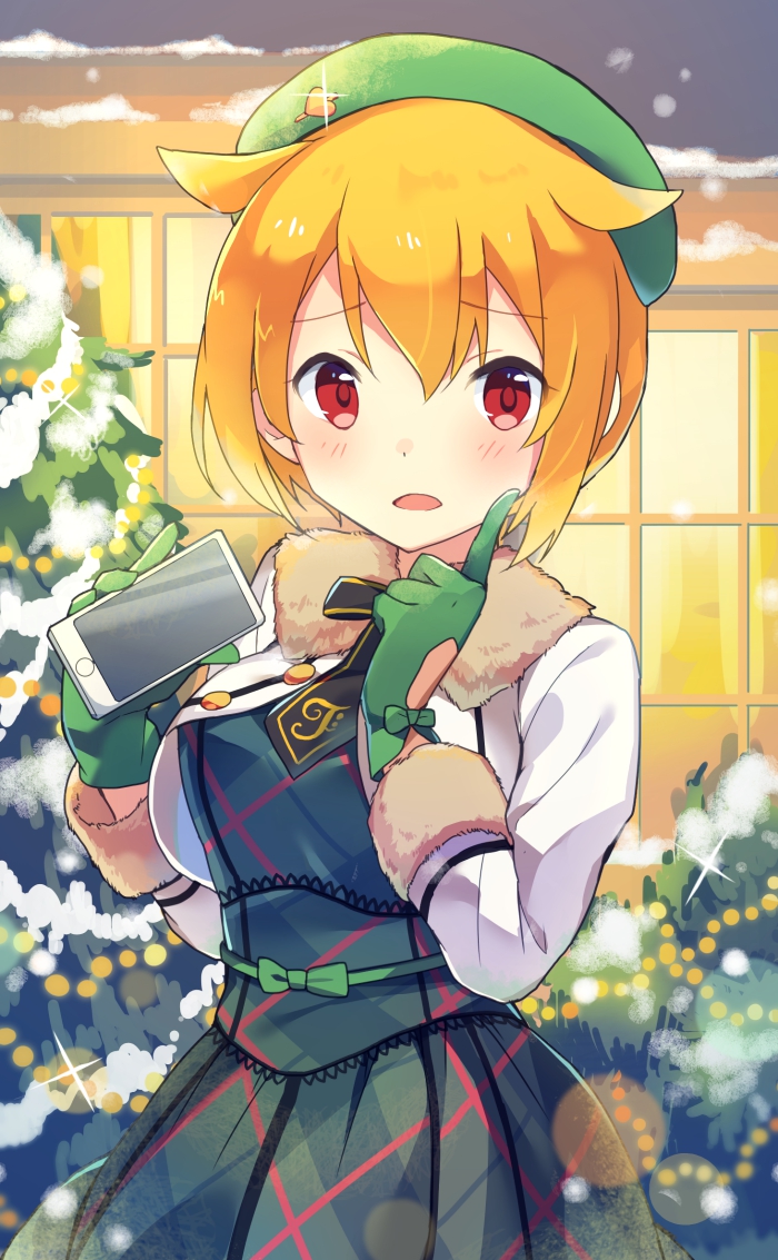 1girl, arms_up, beret, black_neckwear, blonde_hair, blurry, blush, bokeh