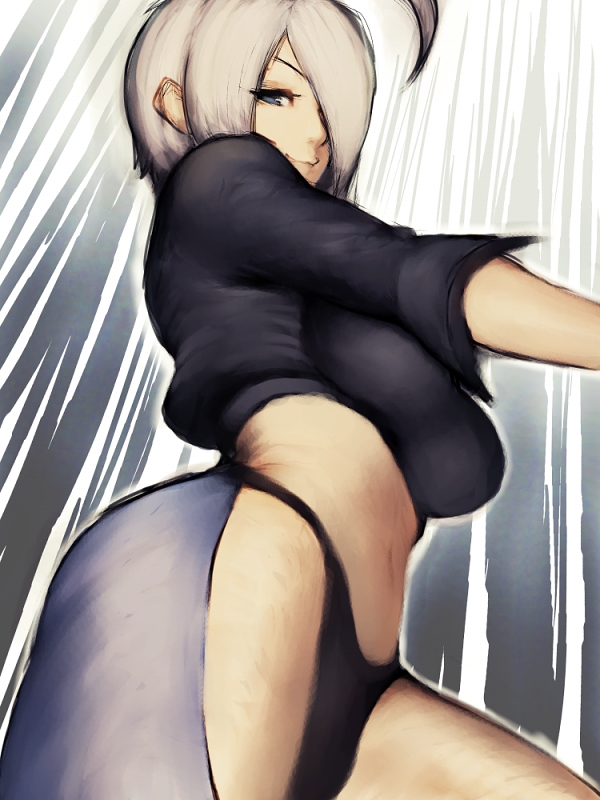 angel_(kof), blue_eyes, from_below, hair_over_one_eye, humio, king_of_fighters, midriff, navel