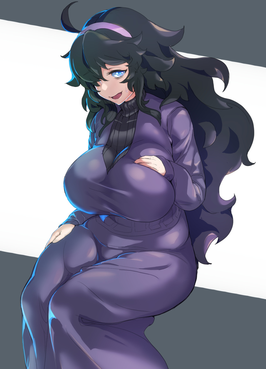 1girl, ahoge, bags_under_eyes, black_hair, blue_eyes, breasts, chuuhiji_elc, creatures_(company), dress, eyebrows_visible_through_hair, game_freak, hair_over_one_eye, hairband, hex_maniac_(pokemon), highres, j, large_breasts, long_hair, looking_at_viewer, messy_hair, nintendo, open_mouth, plump, pokemon, pokemon_(game), purple_hairband, ribbed_sweater, sitting, smile, solo, sweatdrop, sweater
