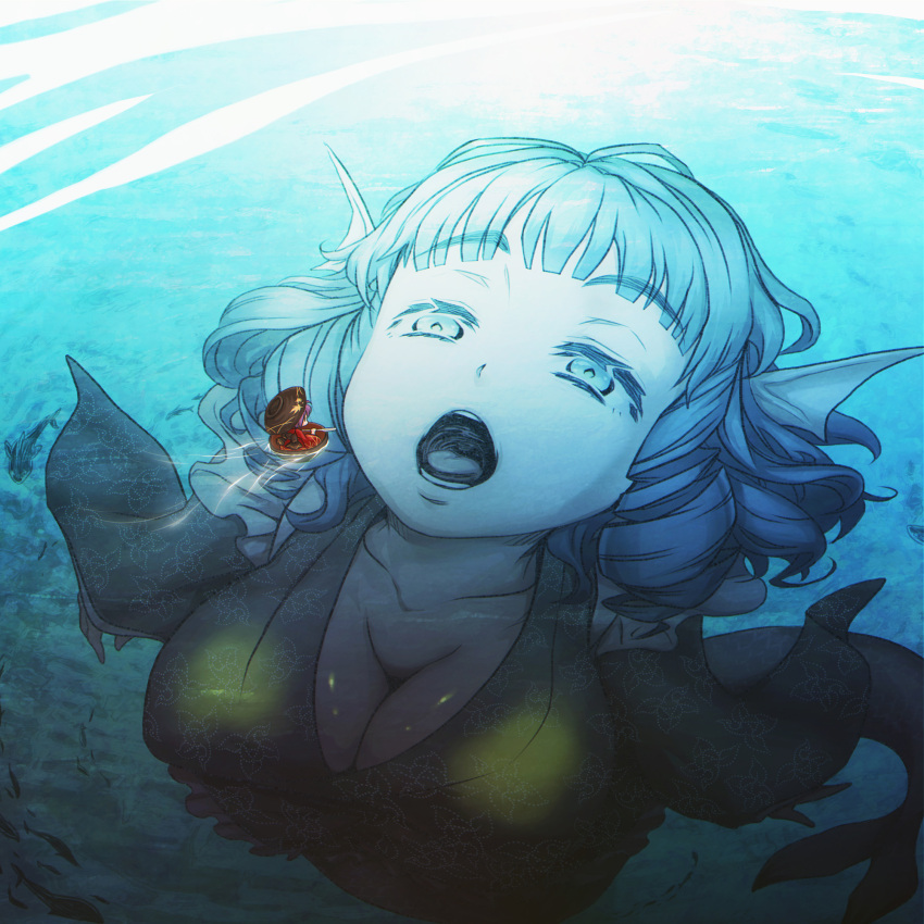 2girls, bangs, black_hat, blue_eyes, blue_hair, blunt_bangs, bowl, bowl_hat