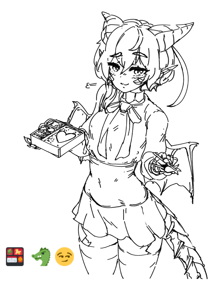 1girl, :3, =3, barbariank, chopsticks, commentary, copper_dragon_(d&amp;d), dragon_girl, dragon_horns, dragon_tail, dungeons_and_dragons, emoji, english_commentary, eyebrows_visible_through_hair, eyes_visible_through_hair, feeding, greyscale, hair_between_eyes, heart, horns, looking_at_viewer, midriff, monochrome, monster_girl, obentou, original, personification, pointy_ears, pov_feeding, raised_eyebrow, scales, sketch, skirt, smile, smirk, solo, tail, thick_eyebrows, thigh-highs, wings