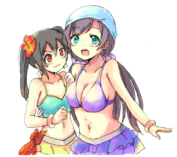 2girls, aqua_bikini_top, aqua_eyes, asymmetrical_docking, bikini, bikini_skirt, bikini_top, black_hair