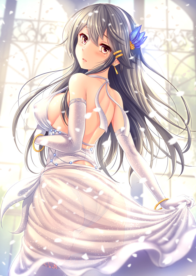 1girl, ass, bare_shoulders, black_hair, blush, breasts, brown_eyes, church