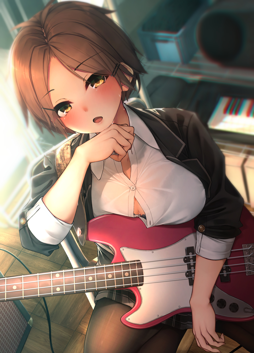 1girl, :o, amplifier, bangs, bass_guitar, black_bra, black_jacket, black_legwear