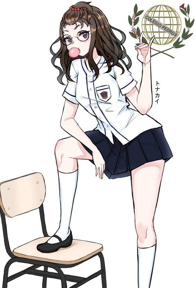 chair, chewing_gum, cpii, glasses, long_hair, long_socks, original, school_uniform
