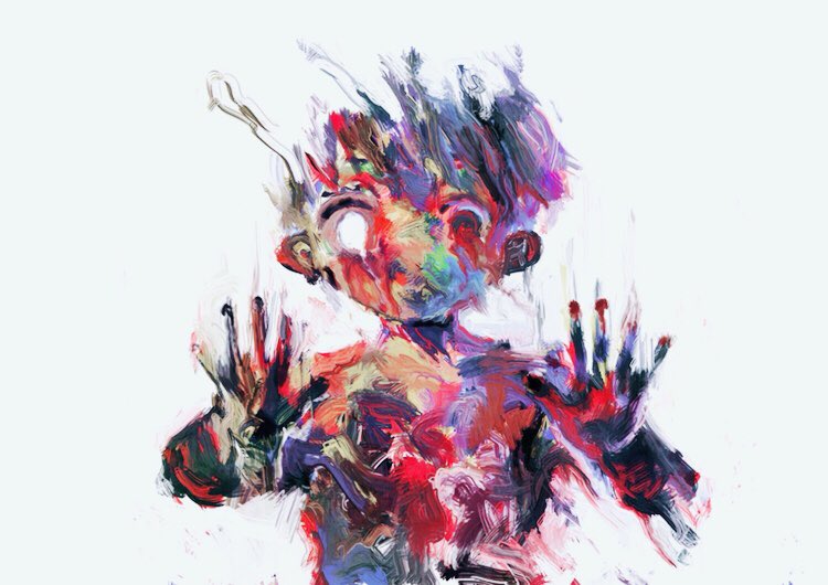 1boy, 666haorare666, abstract, androgynous, colorful, hands_up, heterochromia, looking_at_viewer