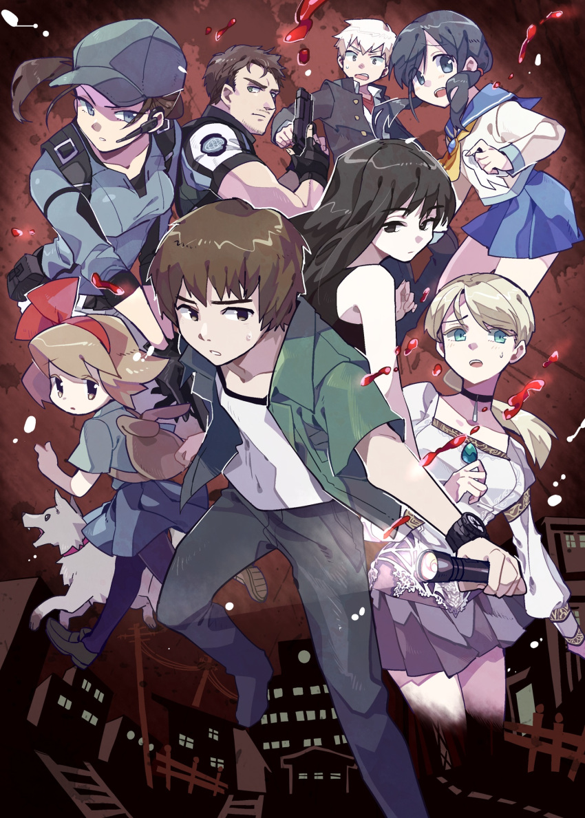 3boys, 5girls, animal_ears, bag, baseball_cap, black_hair, blonde_hair, blood