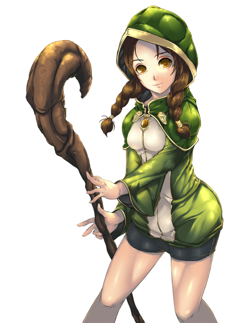 1girl, bike_shorts, black_shorts, braid, brown_eyes, brown_hair, holding, holding_staff