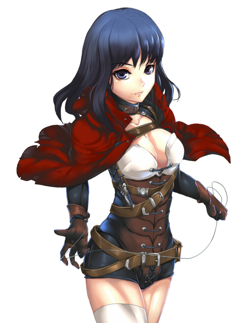 1girl, black_hair, black_shorts, blue_hair, breasts, brown_gloves, capelet, cleavage