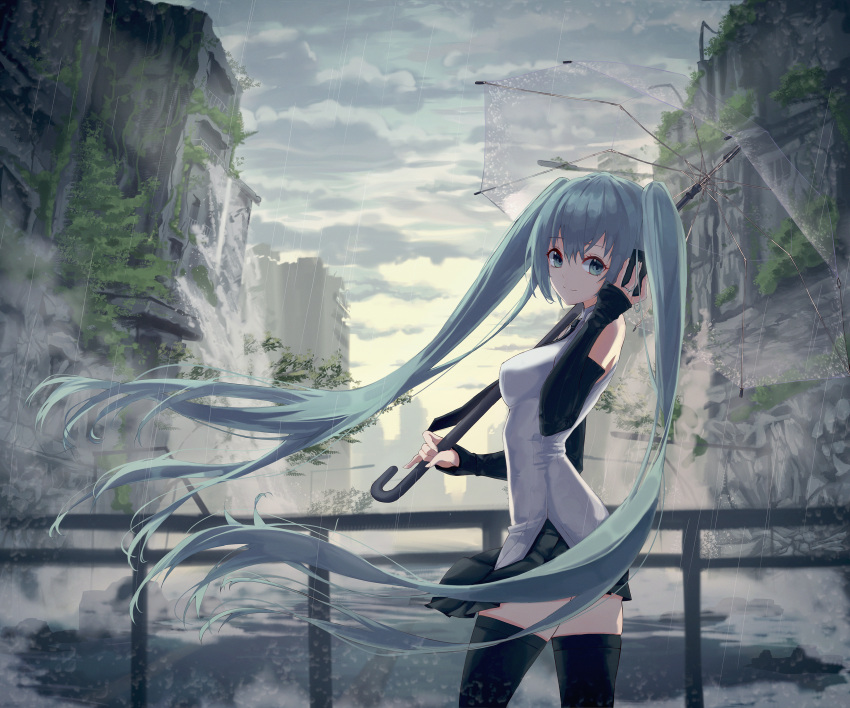 1girl, absurdres, black_legwear, black_skirt, black_sleeves, blue_eyes, blue_hair, clouds