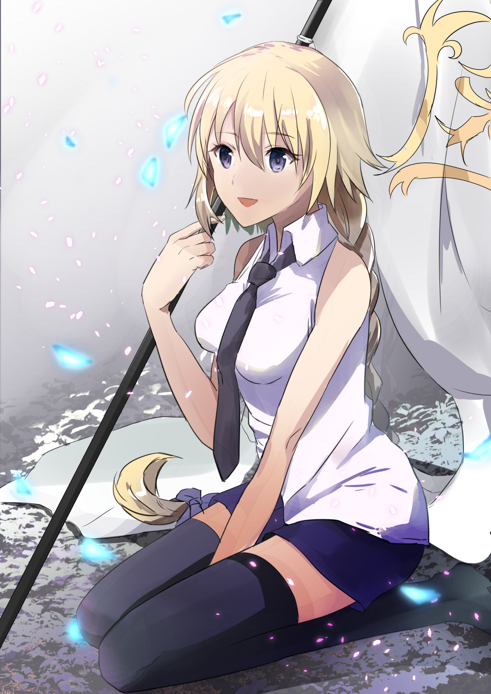 1girl, :d, between_legs, black_legwear, black_neckwear, blonde_hair, blue_eyes, blue_shorts