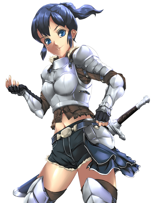 1girl, armored_boots, belt, black_gloves, black_legwear, black_shorts, blue_eyes, blue_hair