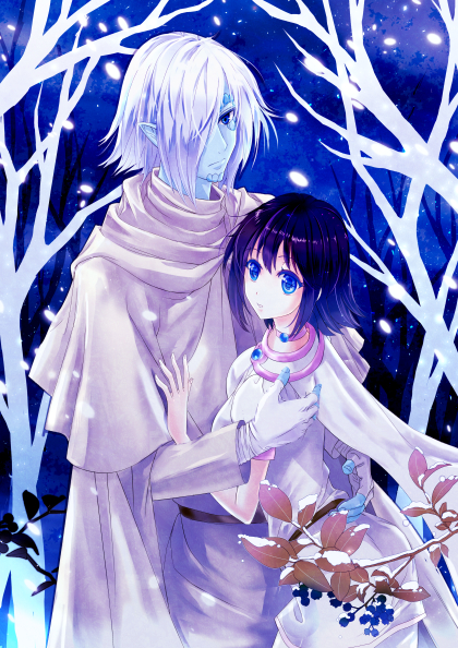1boy, 1girl, amalia_sheran_sharm, black_hair, blue_eyes, blue_sky, couple, dress, fingerless_gloves, gloves, kei_ss, outdoors, short_dress, short_hair, short_sleeves, silver_hair, sky, slayers, snowing, white_dress, white_gloves, zelgadiss_graywords