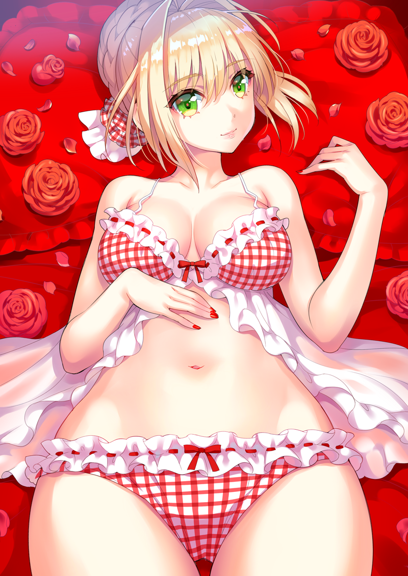 1girl, ahoge, babydoll, bangs, bare_shoulders, blonde_hair, blush, bow
