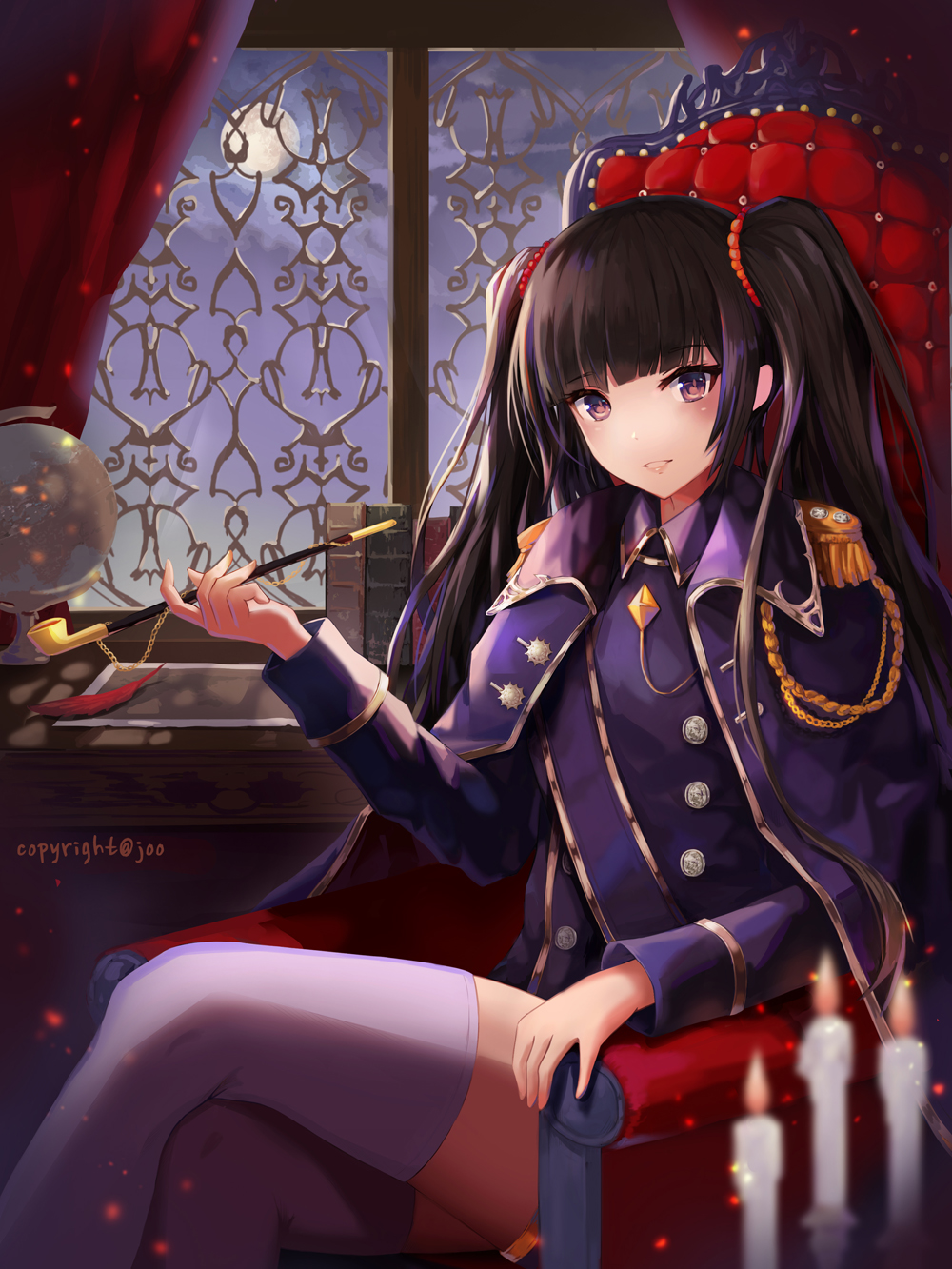 1girl, artist_name, bangs, blunt_bangs, brown_eyes, brown_hair, candle, chair