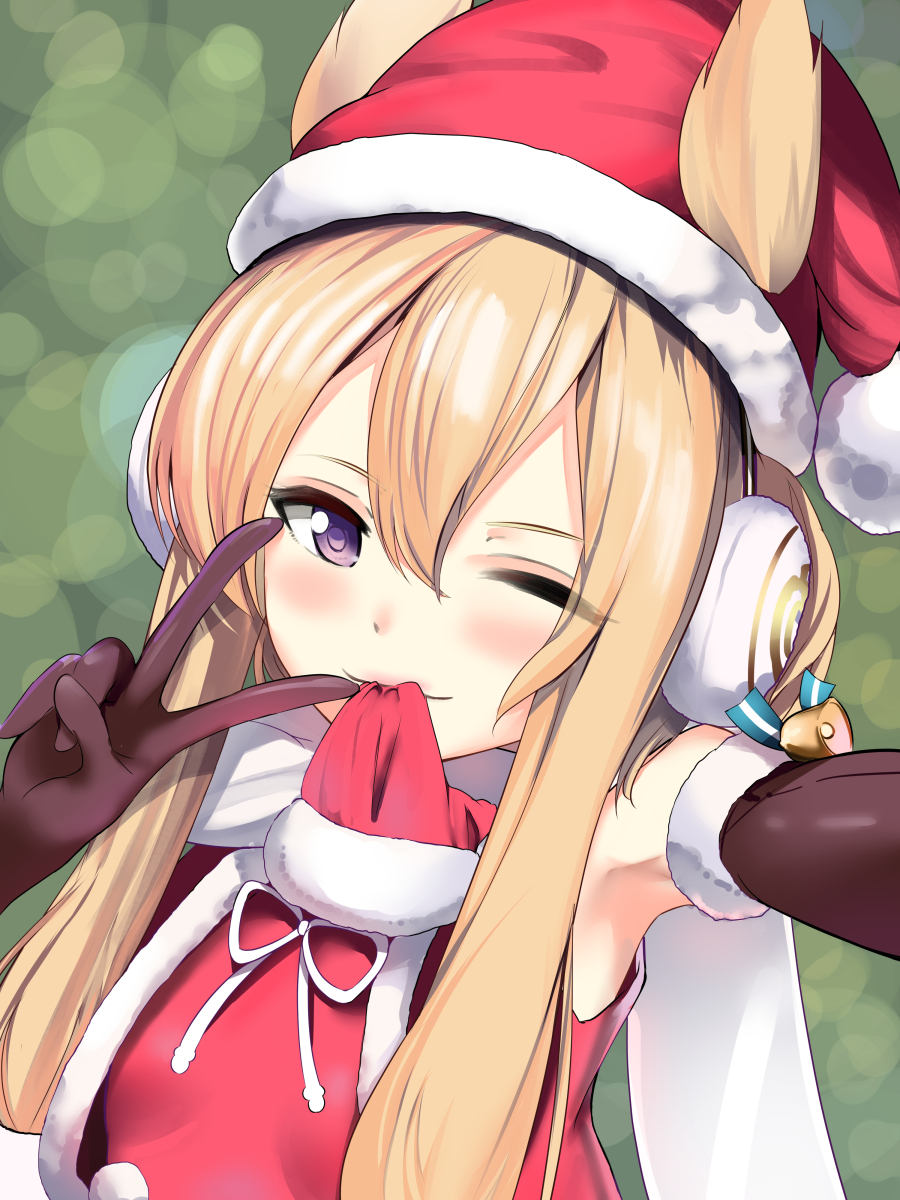 1girl, armpits, azur_lane, blonde_hair, christmas, clothes_in_mouth, earmuffs, fur_trim